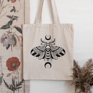 Nouveau Death's Head Moth and Moon Tote Bag- Witchy Tote, lunar Canvas bag, punk shopping bag, Moth Tote, Bug Lover gift, Goth mom gift