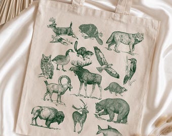 Torba typu tote z motywem leśnego zwierzęcia, zwierzę z lat 90., torba z płótna Outdoorsy, prezent dla myśliwego, torba z motywem dzikiego zwierzęcia, prezent dla miłośnika natury, ręcznie rysowane zwierzę, Granola Girl