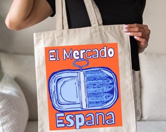 Sardine Einkaufstasche, Spanien Geschenk, Reisegeschenk, El Mercado, europäische Einkaufstasche, Fischmarkttasche, Fischer ästhetische Sardine Zeichnung, Fisch Geschenk