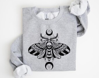 Nouveau Death's Head Moth and Moon Unisex Sweatshirt- Witchy Crewneck, Punk black Sweatshirt, Moth shirt, Bug shirt, Oversized Goth Hoodie