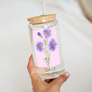 Aster Glass Cup September Birth Flower gift Personalized birth flower Cup Aster Vintage print Fall Flower Wild Flower Botanical Glass Cup