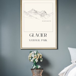 Glacier National Park Poster Eenvoudige Schets Cadeau voor Wandelaar Moeder Fine Line Wall Art Hand Getrokken Beige en Zwart Modern Home Digitale Download
