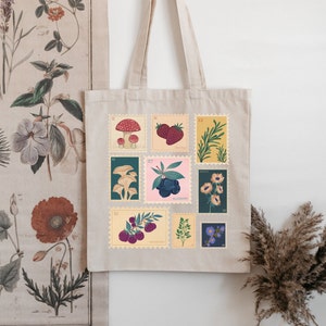Vintage Pflanzenstempel Blumenstempel Beerenstempel Tragetasche Granola Girl Geschenk Naturliebhaber Geschenk Botanische Tasche Gärtner Geschenk Cottage Core Tote