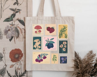 Vintage Plant Stamp Flower Stamp Berry Stamp Tote bag Granola Girl Gift Nature lover gift Botanical tote Gardener Gift Cottage Core Tote