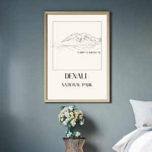 Denali National Park Poster Handgezeichnete einfache Skizze Alaska Kunstlinie Wandkunst Beige und schwarz modern Haus Berg zuhause Digital Download