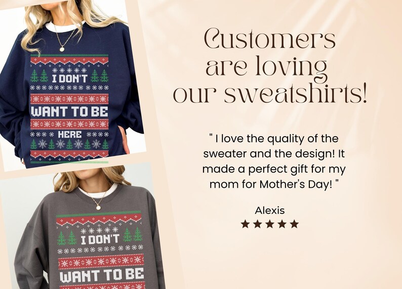 K&ouml;nnte beinhalten: Marineblaue und graue Sweatshirts mit festlichem Design. Die Sweatshirts tragen den Text "I DON'T WANT TO BE HERE" im Stil eines Weihnachtspullovers. Das Bild enth&auml;lt auch Kundenrezensionen.
