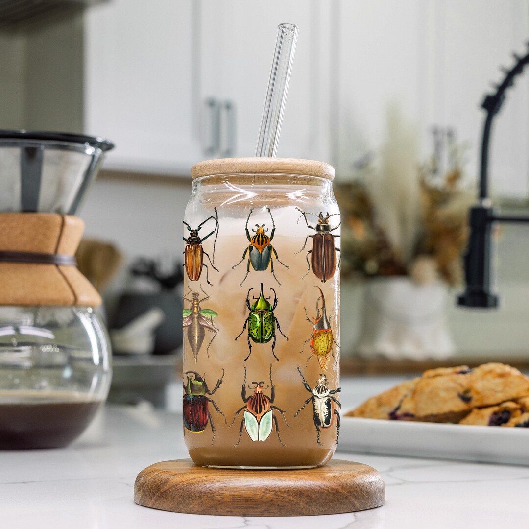 Watercolor Bug Glass Cup With Wooden Lid and Straw Beetle Moth Insect ...