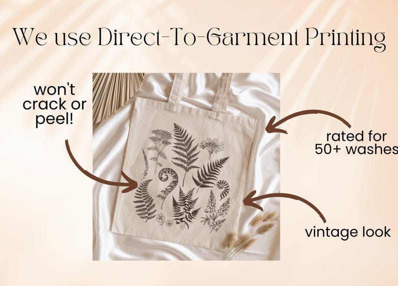 May include: A white canvas tote bag with a black and white fern print. The bag is made with direct-to-garment printing, which is rated for 50+ washes and gives a vintage look. The text "won't crack or peel!" is written on the left side of the image.