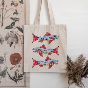 Vintage Fisch Tattoo Style Tote Bag Retro Fischer Leinentasche Lachs Tote Bass Fischer Geschenk Fischer Geschenke Ozeanliebhaber Fischer Ästhetik