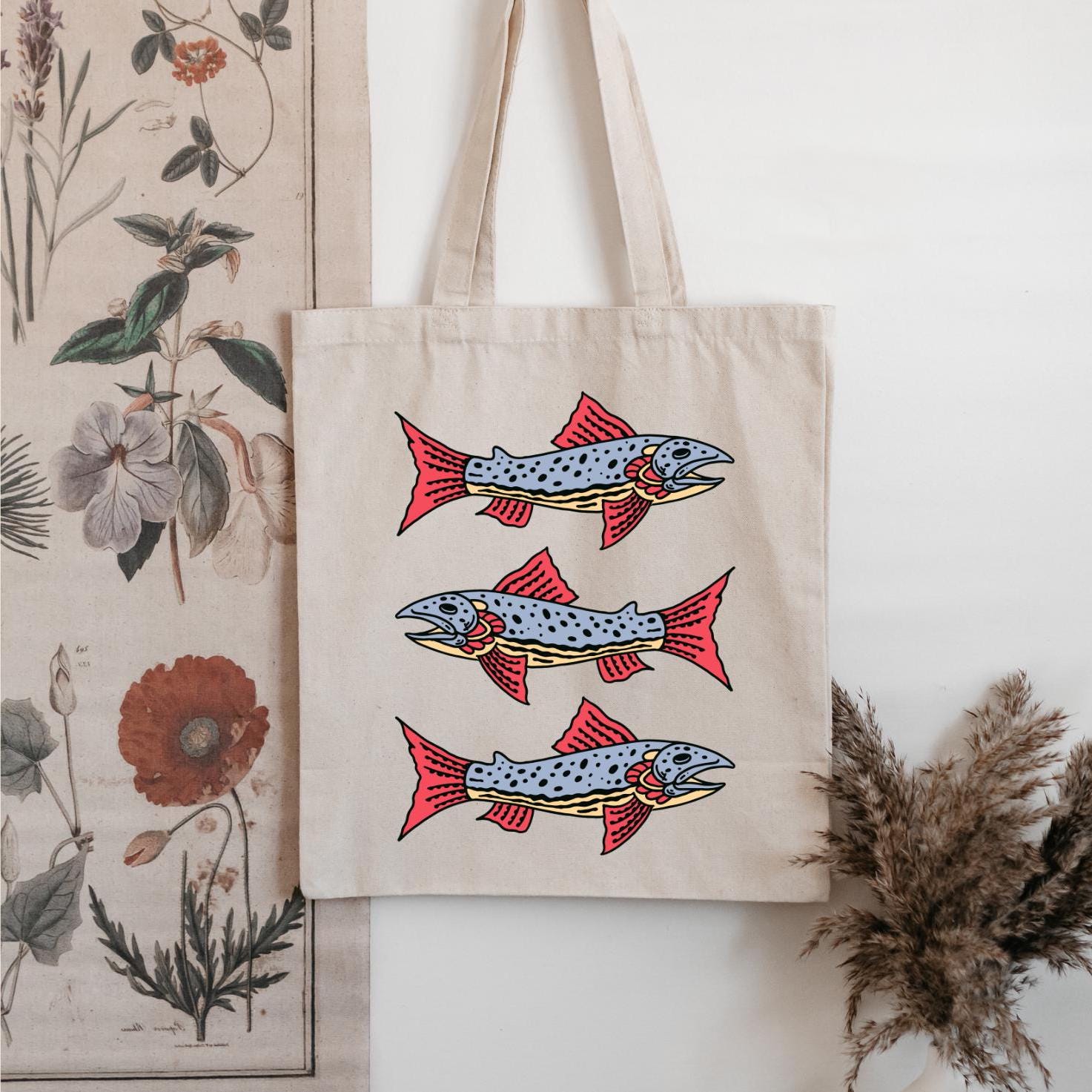 Vintage Fish Tattoo Style Tote Bag Retro Fisher Canvas Bag Salmon Tote Bass Fisher Gift Fisherman Gifts Ocean Lover Fisherman Aesthetic