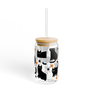 Black Cat Glass Tumbler cup Halloween Coffee Cup Gift for Cat Mom Witch Glass Cup Fall Cup Cute Black Cat Beer Can cup Cat Halloween Gift image 8
