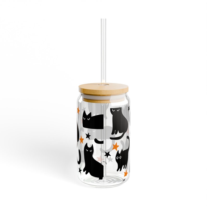 Black Cat Glass Tumbler cup Halloween Coffee Cup Gift for Cat Mom Witch Glass Cup Fall Cup Cute Black Cat Beer Can cup Cat Halloween Gift image 8