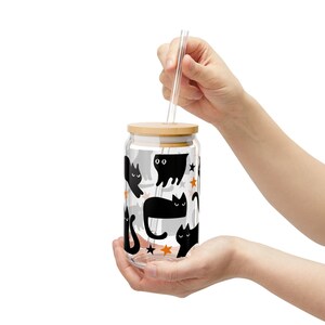 Black Cat Glass Tumbler cup Halloween Coffee Cup Gift for Cat Mom Witch Glass Cup Fall Cup Cute Black Cat Beer Can cup Cat Halloween Gift image 6