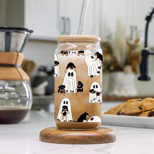 Ghost With Dog Glass tumbler Cup Rottweiler Doberman Dog Gift Cup Dog Lover Halloween Dog Halloween Cup Cute Dog ghost Iced Coffee Cup