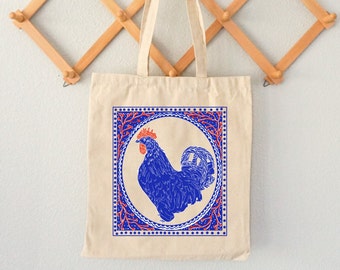 Rooster Block Print Tote Bag Blue and Crimson Ink Vintage Stamp Hen Chicken Art Traditional Western Tote Animal Block Print Vintage Blue