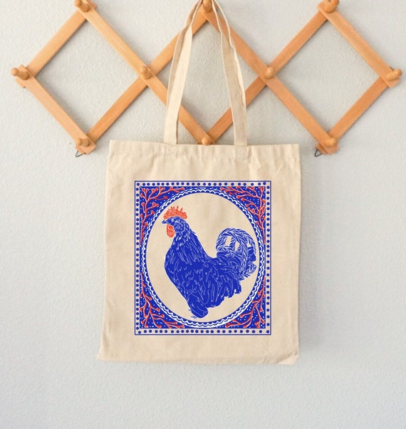 Rooster Block Print Tote Bag Blue and Crimson Ink Vintage Stamp Hen Chicken Art Traditional Western Tote Animal Block Print Vintage Blue