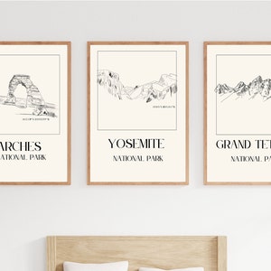 Yosemite Arches Grand Teton National Park Poster Set von drei Einfache Linie Kunst Moderne Berg Wüste Geschenk für Wanderer Digitaler Download