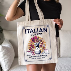 Italian Coffee Tote Bag Vintage Style Coffee Bag Travel Gift Adventurer Pour Over Coffee Gift Neutral Botanical Print Italy Gift Floral Tote