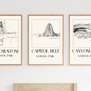 Yellowstone Canyonlands Capitol Reef National Park Simple Line Art Set of Three Gift for Hiker Mom Desert Home Posters Digital Download