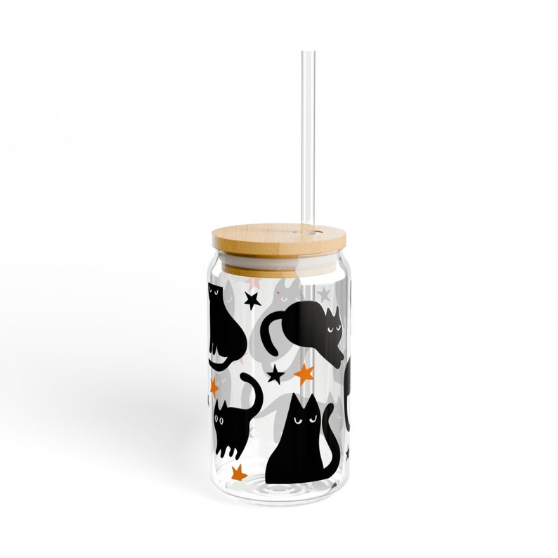 Black Cat Glass Tumbler cup Halloween Coffee Cup Gift for Cat Mom Witch Glass Cup Fall Cup Cute Black Cat Beer Can cup Cat Halloween Gift image 3
