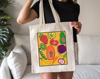 Fruit and Veggies Tote Bag Gift For Gardener Farmers Market Tote Bag Plant Lover Bag Abstract Fruit Veggie Pattern