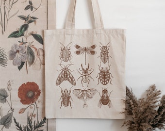Vintage Style bug Tote bag Beetle Butterfly Moth Insect tote  Granola Girl Gift Nature lover gift Gardener Gift Cottage Core Tote Neutral