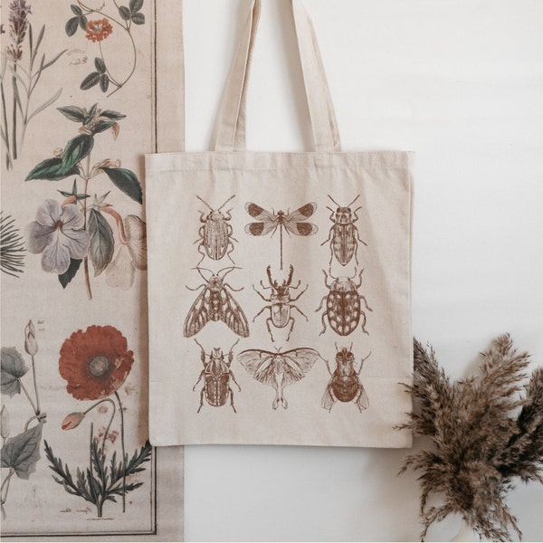 Vintage Style bug Tote bag Beetle Butterfly Moth Insect tote  Granola Girl Gift Nature lover gift Gardener Gift Cottage Core Tote Neutral