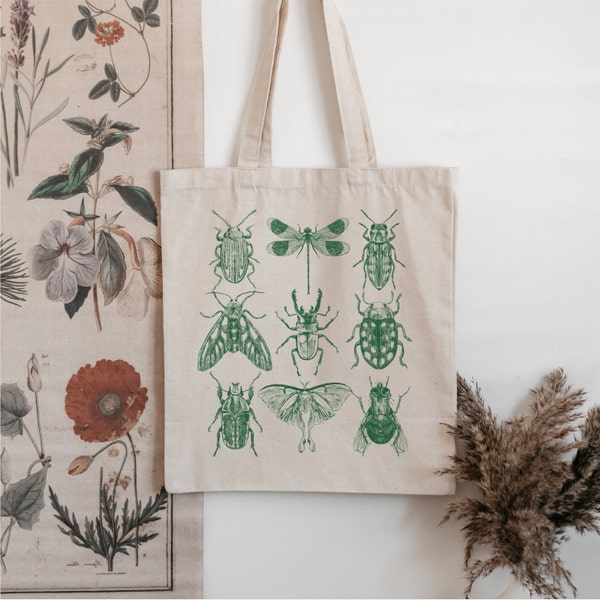 Vintage Style bug Tote bag Beetle Butterfly Moth Insect tote  Granola Girl Gift Nature lover gift Gardener Gift Cottage Core Tote aesthetic