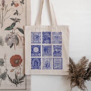 Blue Vintage Stamp Tote bag Vintage Art Bag History Lover Gift for Stamp Collector Art Tote International Stamp Reuseable Bag Bookworm Gift