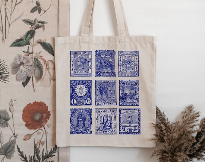 Blue Vintage Stamp Tote bag Vintage Art Bag History Lover Gift for Stamp Collector Art Tote International Stamp Reuseable Bag Bookworm Gift