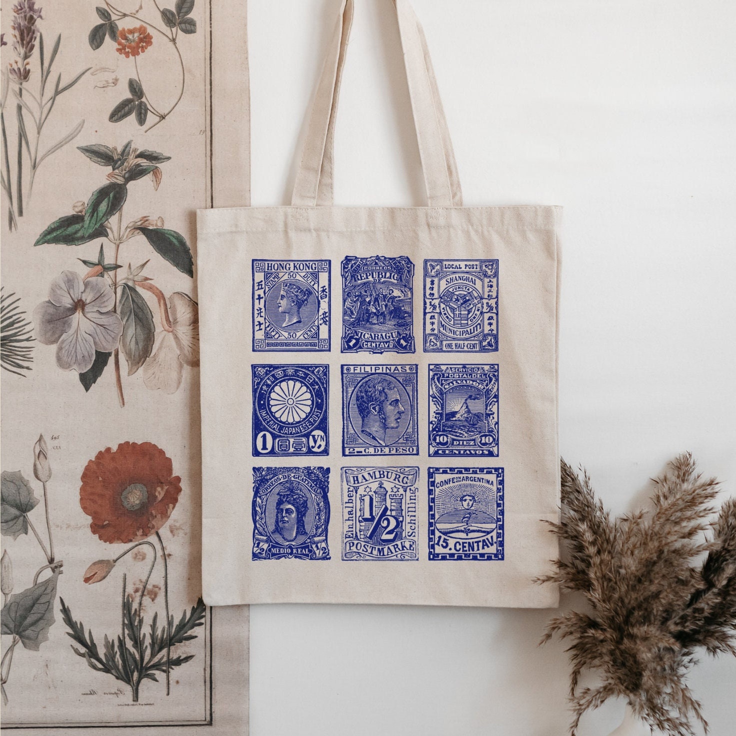 Blue Vintage Stamp Tote Bag Vintage Art Bag History Lover