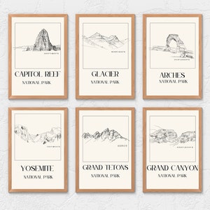 Yosemite Arches Gletscher Grand Canyon Capstol Reef Grand Tetons National Park Simple Line Art Geschenk für Mama Set von sechs Poster Digitaler Download