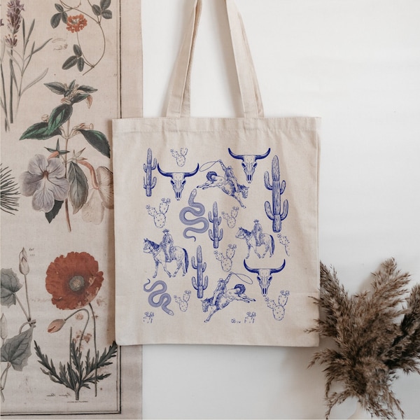 Western Print Tote Bag Vintage Blue Western Cactus Tote Long Horn Skull Cowboy Print Tote bag Western Bachelorette Simple Western Print Bag