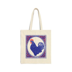Rooster Block Print Tote Bag Blue and Crimson Ink Vintage Stamp Hen Chicken Art Traditional Western Tote Animal Block Print Vintage Blue image 2