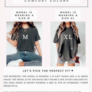May include: Size guide for a t-shirt dress. The model is wearing a size M and a size XL. The model is 5'6" and usually wears a size M for a relaxed fit. To achieve an oversized t-shirt dress, go up two sizes.