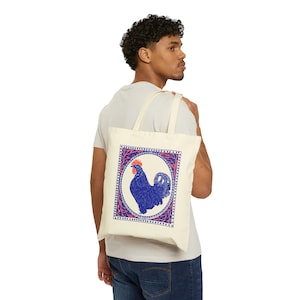 Rooster Block Print Tote Bag Blue and Crimson Ink Vintage Stamp Hen Chicken Art Traditional Western Tote Animal Block Print Vintage Blue image 10