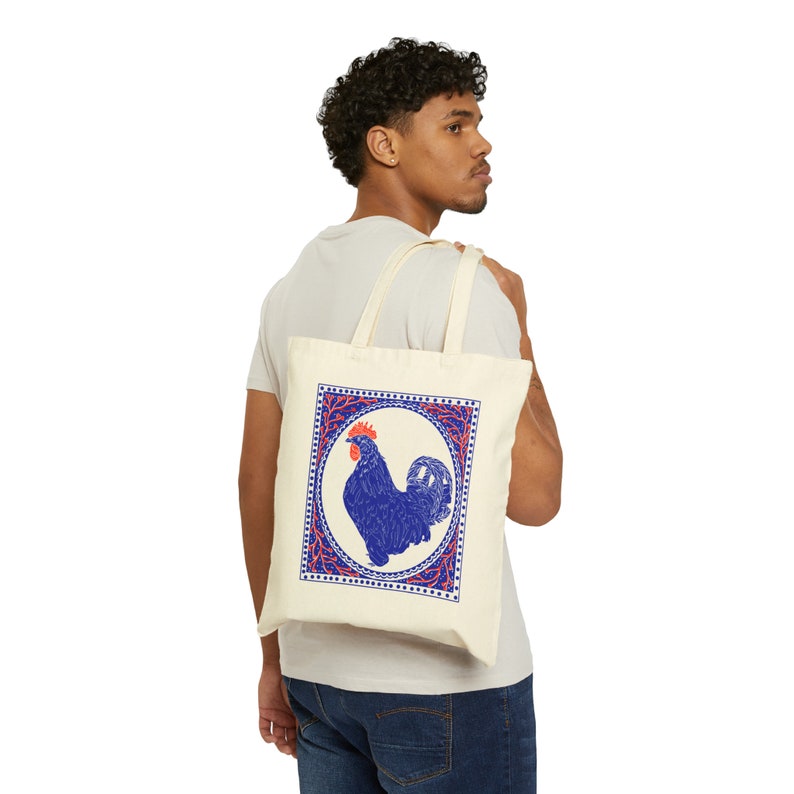 Rooster Block Print Tote Bag Blue and Crimson Ink Vintage Stamp Hen Chicken Art Traditional Western Tote Animal Block Print Vintage Blue image 10