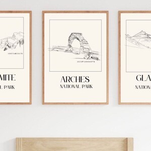 Yosemite Arches Glacier National Park Set of Three Poster Gift for Mom simple sketch Modern Home Beige and Black Hand Drawn Digital Download