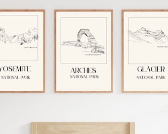 Yosemite Arches Glacier National Park Set of Three Poster Gift for Mom simple sketch Modern Home Beige and Black Hand Drawn Digital Download