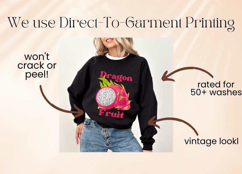 May include: Black sweatshirt with a graphic print of a dragon fruit and the text "Dragon Fruit".