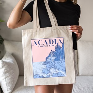 Bolsa de mano del Parque Nacional Acadia, estilo vintage, póster del Parque Nacional, pastel, Acadia, granola, regalo para niña, bolsa estética para comestibles, regalo del Parque Nacional
