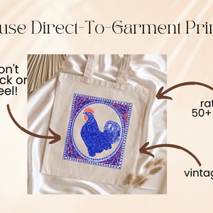 May include: A white tote bag with a blue rooster illustration in a red and blue frame. The text "won't crack or peel!" is written on the left side of the image. The text "rated for 50+ washes" is written on the right side of the image. The text "vintage look" is written below the text "rated for 50+ washes".