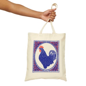 Rooster Block Print Tote Bag Blue and Crimson Ink Vintage Stamp Hen Chicken Art Traditional Western Tote Animal Block Print Vintage Blue image 8