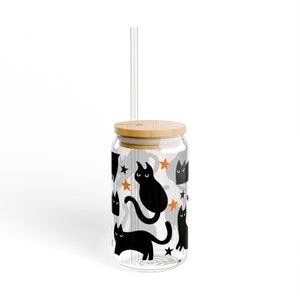 Black Cat Glass Tumbler cup Halloween Coffee Cup Gift for Cat Mom Witch Glass Cup Fall Cup Cute Black Cat Beer Can cup Cat Halloween Gift image 4