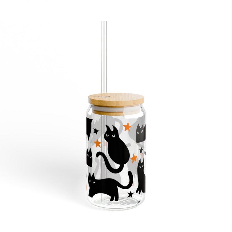 Black Cat Glass Tumbler cup Halloween Coffee Cup Gift for Cat Mom Witch Glass Cup Fall Cup Cute Black Cat Beer Can cup Cat Halloween Gift image 4