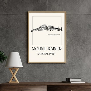 Mur de lignes du parc national du Mont Rainier, Washington, décoration murale, cadeau pour randonneur, art simple montagne noir et beige moderne en téléchargement numérique