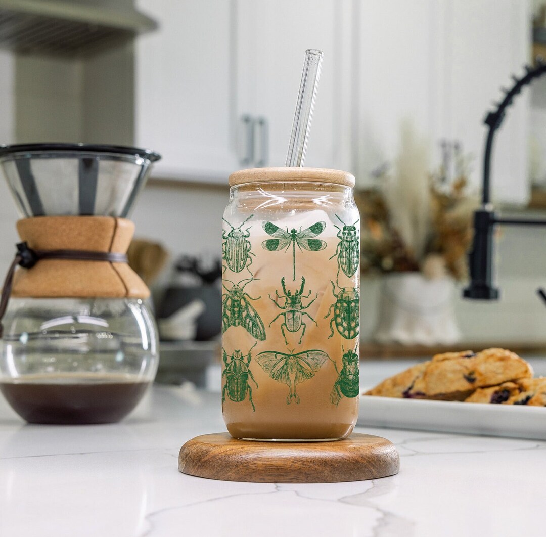 Green Bug Glass Cup With Wooden Lid and Straw Beetle Butterfly Moth ...