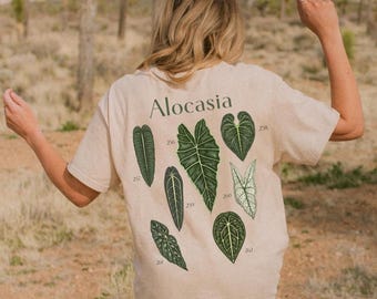 Koszulka z nadrukiem z liści alokazji z tyłu Koszulka z plakatem botanicznym Prezent dla miłośnika roślin Koszulka z rośliną domową Koszulka z liśćmi roślin Koszulka z liśćmi monstery Kwiatowa botanika