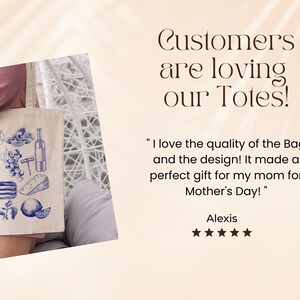 K&ouml;nnte beinhalten: Eine wei&szlig;e Einkaufstasche mit blauen Illustrationen von Speisen und Getr&auml;nken, darunter eine Flasche Wein, ein Brotlaib, eine Tasse Kaffee und eine Zitrone. Der Text "Customers are loving our Totes!" wird &uuml;ber dem Bild angezeigt. Der Text "I love the quality of the Bag and the design! It made a perfect gift for my mom for Mother's Day!" wird unter dem Bild angezeigt, zusammen mit dem Namen "Alexis" und f&uuml;nf Sternen.