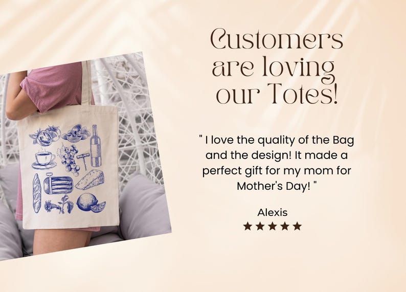 K&ouml;nnte beinhalten: Eine wei&szlig;e Einkaufstasche mit blauen Illustrationen von Speisen und Getr&auml;nken, darunter eine Flasche Wein, ein Brotlaib, eine Tasse Kaffee und eine Zitrone. Der Text "Customers are loving our Totes!" wird &uuml;ber dem Bild angezeigt. Der Text "I love the quality of the Bag and the design! It made a perfect gift for my mom for Mother's Day!" wird unter dem Bild angezeigt, zusammen mit dem Namen "Alexis" und f&uuml;nf Sternen.